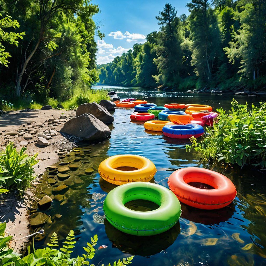 A serene river scene with colorful inner tubes floating on crystal-clear waters, surrounded by lush greenery and sun-drenched skies. Sunlight sparkles off the water's surface, while happy people of diverse backgrounds enjoy tubing and laughter. Incorporate elements that evoke a sense of joy and relaxation, like playful splashes and vibrant wildflowers on the riverbanks. ultra-realistic. vibrant colors. sunny atmosphere.