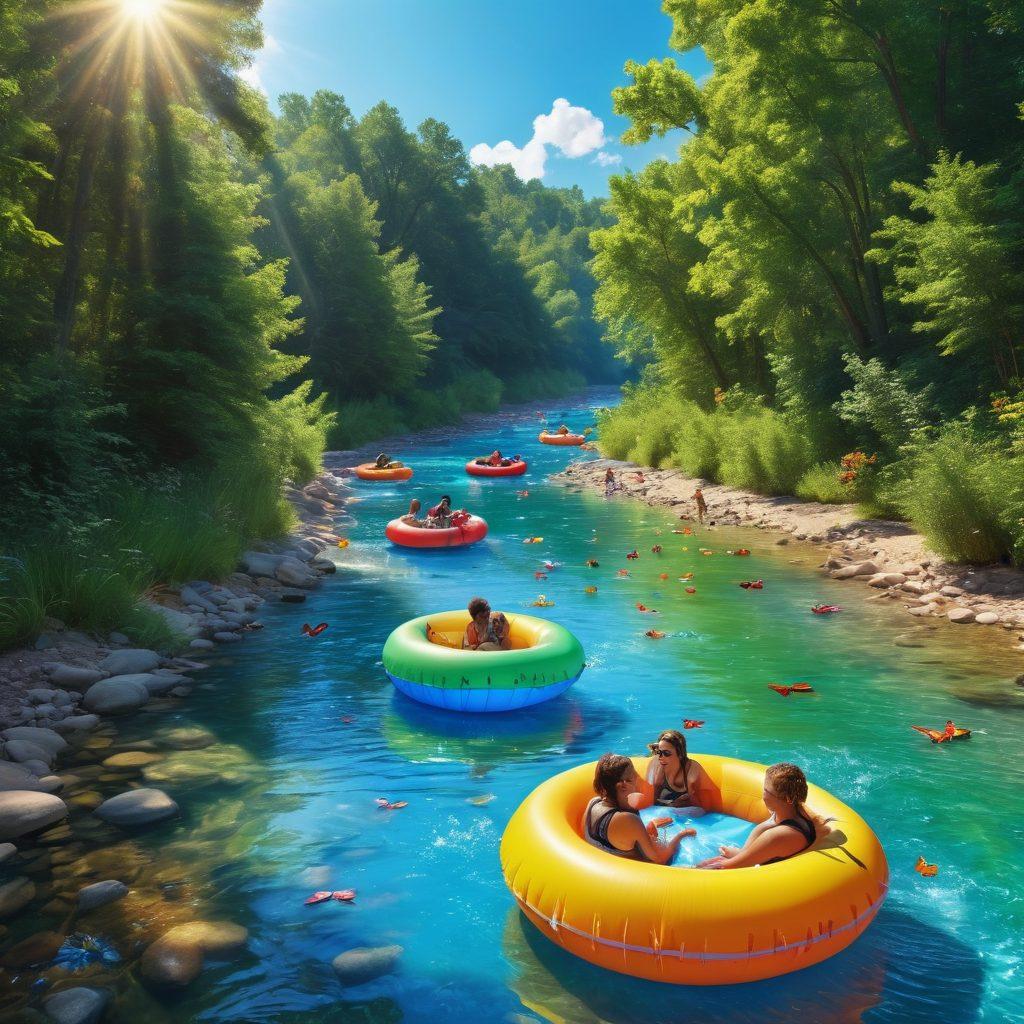 A colorful scene of people tubing down a sparkling river, surrounded by lush green trees and a bright blue sky, smiles and laughter on their faces. Add elements of sunshine reflecting on the water, inflatable tubes in various colors, and a few butterflies flitting around. The atmosphere should feel blissful and adventurous, emphasizing freedom and joy. vibrant colors. super-realistic.