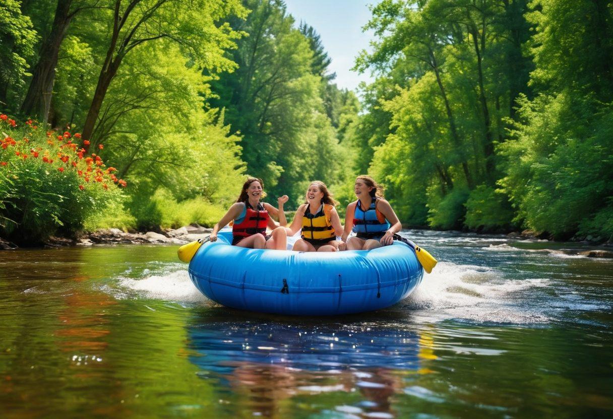 A joyful group of friends tubing on a sunny river, laughter and splashes in the air, surrounded by lush green trees and vibrant flowers. Bright, colorful tubes in various shapes add a playful touch, while a clear blue sky enhances the sense of happiness and adventure. Capturing the essence of fun and connection with nature, this scene radiates warmth and joy. super-realistic. vibrant colors. 3D.